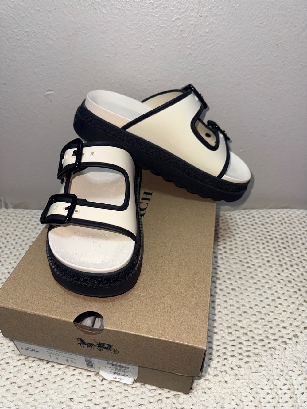 Coach Cream and Black Double-Buckle Platform Slide Sandals